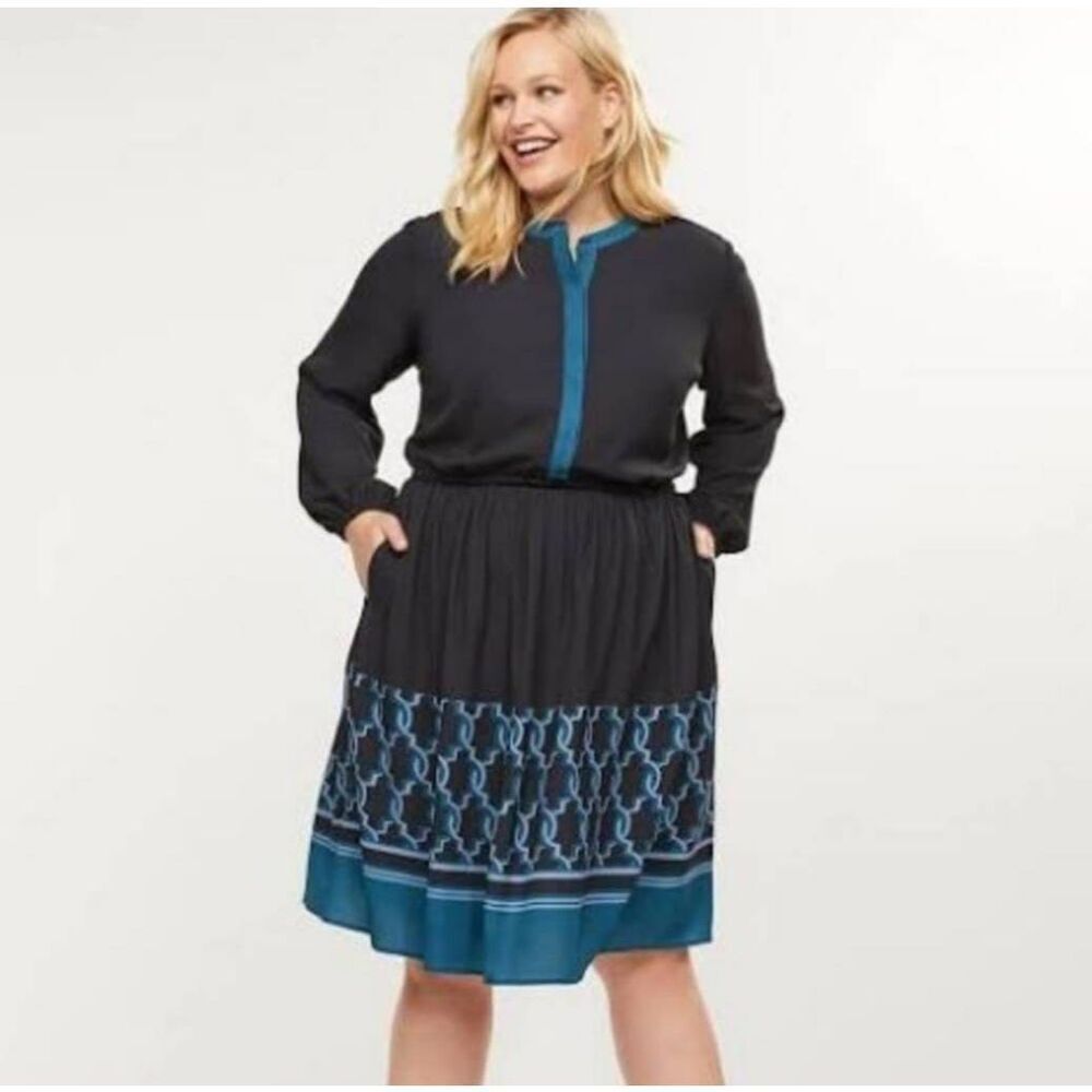 Lane Bryant Black Geometric Long Sleeve Midi Dress Size 14